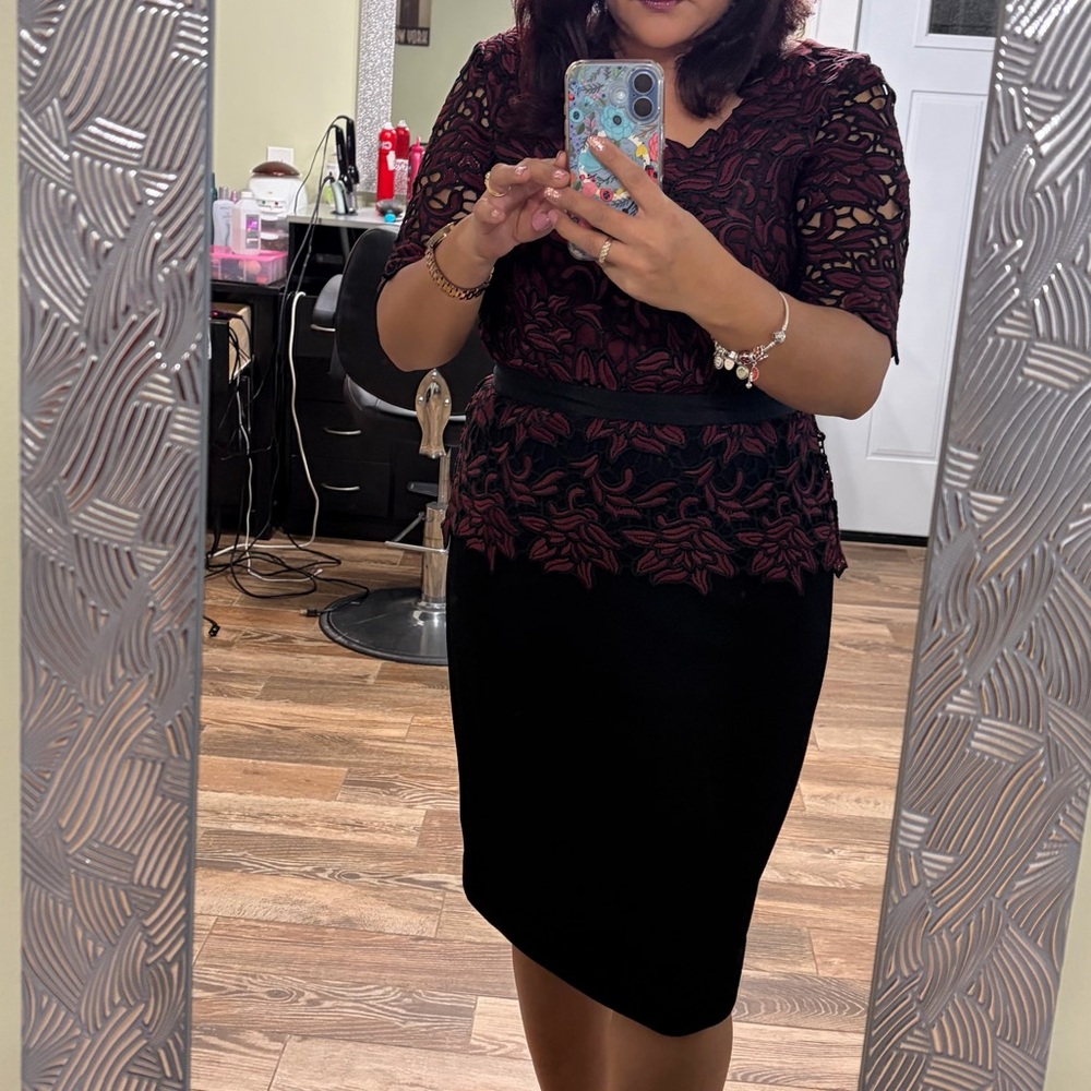 ANTONIO MELANI Black Dress with Red Lace Overlay